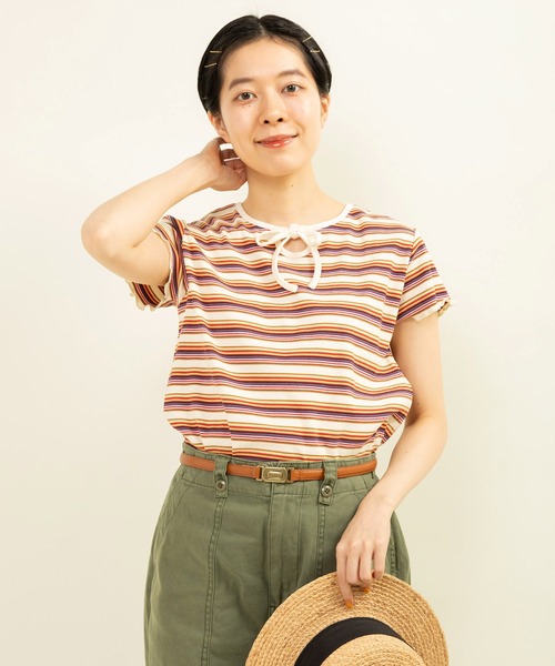 tシャツ マルチボーダーテレコ パイピングリボンプルオーバー レディース CHILD WOMAN tシャツ マルチボーダーテレコ パイピングリボン