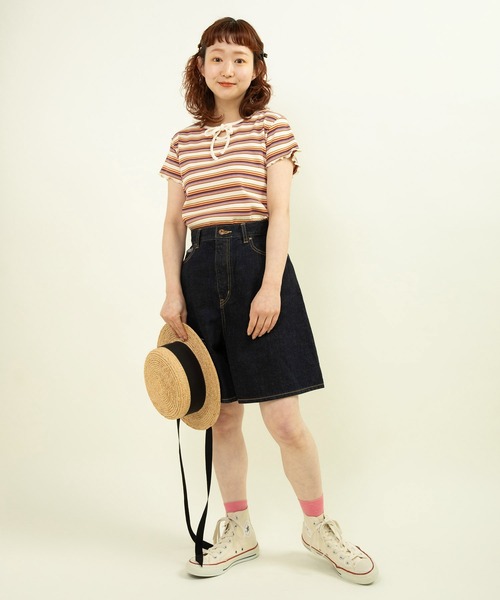tシャツ マルチボーダーテレコ パイピングリボンプルオーバー レディース CHILD WOMAN tシャツ マルチボーダーテレコ パイピングリボン