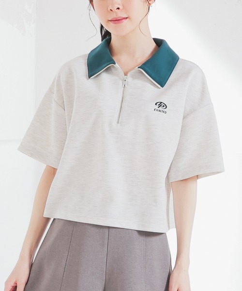 Honeys（ハニーズ）の「ハーフジップゆるトップス（Tシャツ/カットソー・レディース・オートミール/スミクロ/グリーン/レッド/杢グレー/アイボリー・L/M/S/SS）」の4枚目の写真