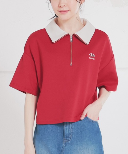 Honeys（ハニーズ）の「ハーフジップゆるトップス（Tシャツ/カットソー・レディース・オートミール/スミクロ/グリーン/レッド/杢グレー/アイボリー・L/M/S/SS）」の6枚目の写真