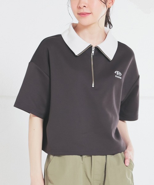 Honeys（ハニーズ）の「ハーフジップゆるトップス（Tシャツ/カットソー・レディース・オートミール/スミクロ/グリーン/レッド/杢グレー/アイボリー・L/M/S/SS）」の3枚目の写真