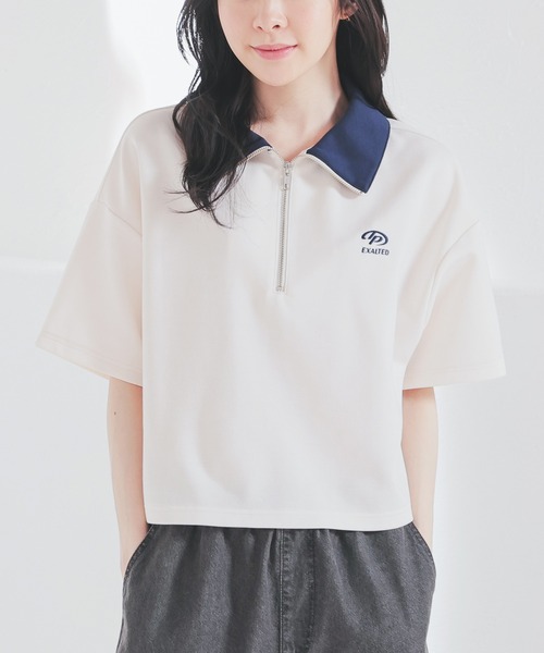 Honeys（ハニーズ）の「ハーフジップゆるトップス（Tシャツ/カットソー・レディース・オートミール/スミクロ/グリーン/レッド/杢グレー/アイボリー・L/M/S/SS）」の2枚目の写真