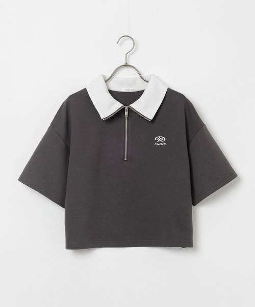 Honeys（ハニーズ）の「ハーフジップゆるトップス（Tシャツ/カットソー・レディース・オートミール/スミクロ/グリーン/レッド/杢グレー/アイボリー・L/M/S/SS）」の7枚目の写真