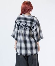 【at】〔THRASHER/スラッシャー〕CHECK DAMAGE S/S SHIRT オンブレチェック ロゴ刺繍 ダメージシャツ