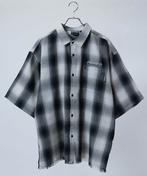 THRASHER(スラッシャー)の「【at】〔THRASHER/スラッシャー〕CHECK DAMAGE S/S SHIRT オンブレチェック ロゴ刺繍 ダメージシャツ(シャツ/ブラウス・メンズ・ブラウン/ブラック/ホワイト・LARGE/MEDIUM)」の4枚目の写真