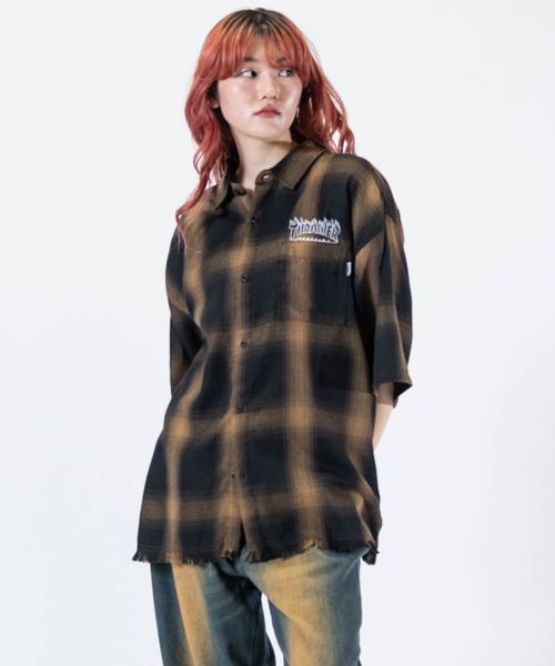 THRASHER(スラッシャー)の「【at】〔THRASHER/スラッシャー〕CHECK DAMAGE S/S SHIRT オンブレチェック ロゴ刺繍 ダメージシャツ(シャツ/ブラウス・メンズ・ブラウン/ブラック/ホワイト・LARGE/MEDIUM)」の7枚目の写真