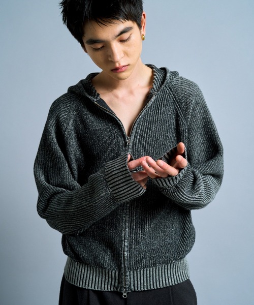 Camphor wood ダブルジップニットフーディー　M チャコール Camphor wood（カンファーウッド）の「double zip mix yarn knit