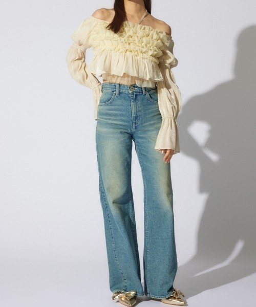 rienda（リエンダ）の「サイドVラインジャストウエストパンツ（デニムパンツ・レディース・ブルー/ライトブルー・MEDIUM/X-SMALL/SMALL）」の2枚目の写真