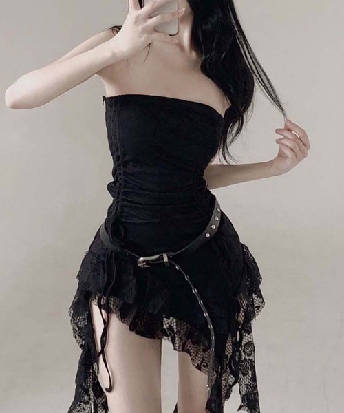 gossip！ロサンゼルス（ゴシップロサンゼルス）の「【Y2Kガーリー】 総レース ギャザーフリル アンバランス  ワンピース ベルト付（ワンピース・レディース・オフホワイト/ブラック・FREE）」の20枚目の写真