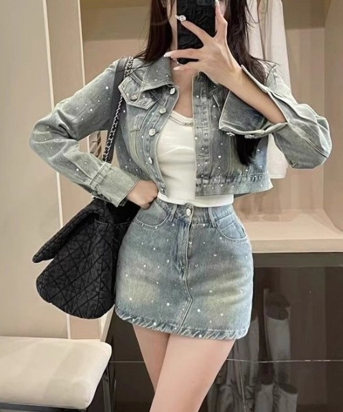 セール】セットアップ ラインストーンデニムショートジャケット