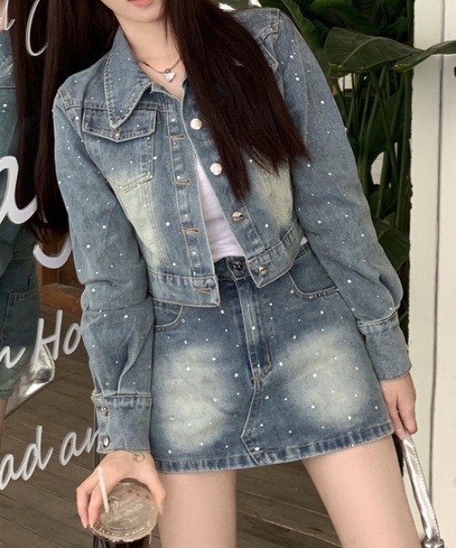 デニム ラインストーン ジャケット セール】セットアップ ラインストーンデニムショートジャケット×デニム