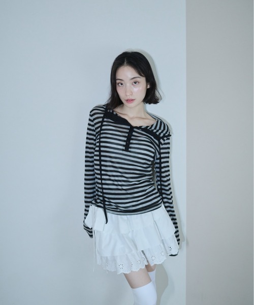 Smyeon（スミョン）の「Border pattern cut hoodie/ボーダーカットパーカー（パーカー・レディース・ベージュ/グレー・FREE）」の19枚目の写真