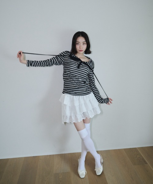 Smyeon（スミョン）の「Border pattern cut hoodie/ボーダーカットパーカー（パーカー・レディース・ベージュ/グレー・FREE）」の20枚目の写真