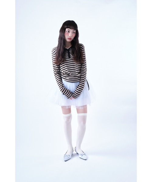 Smyeon（スミョン）の「Border pattern cut hoodie/ボーダーカットパーカー（パーカー・レディース・ベージュ/グレー・FREE）」の8枚目の写真
