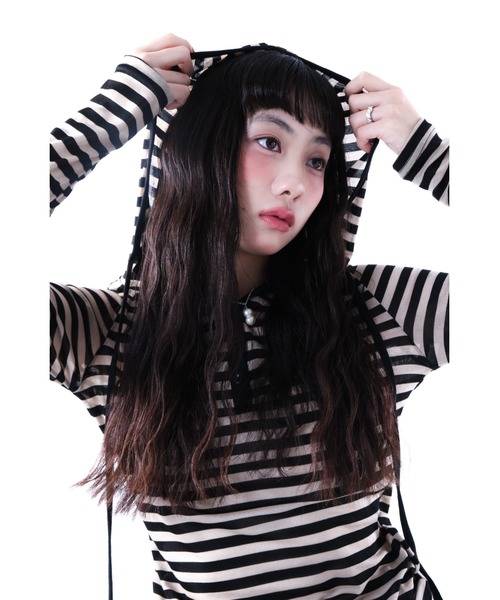 Smyeon（スミョン）の「Border pattern cut hoodie/ボーダーカットパーカー（パーカー・レディース・ベージュ/グレー・FREE）」の12枚目の写真