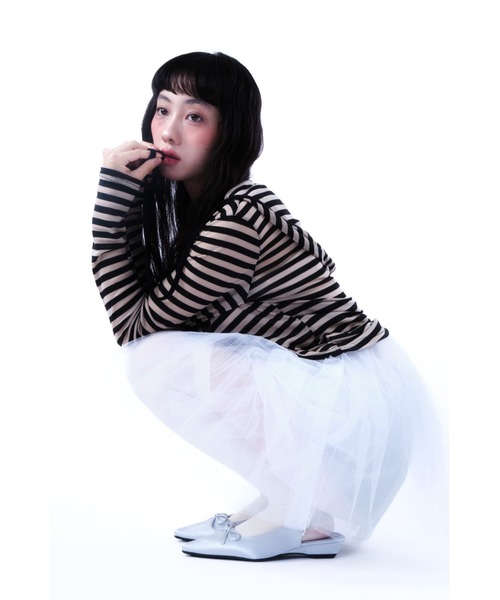 Smyeon（スミョン）の「Border pattern cut hoodie/ボーダーカットパーカー（パーカー・レディース・ベージュ/グレー・FREE）」の13枚目の写真