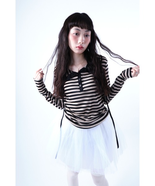 Smyeon（スミョン）の「Border pattern cut hoodie/ボーダーカットパーカー（パーカー・レディース・ベージュ/グレー・FREE）」の14枚目の写真