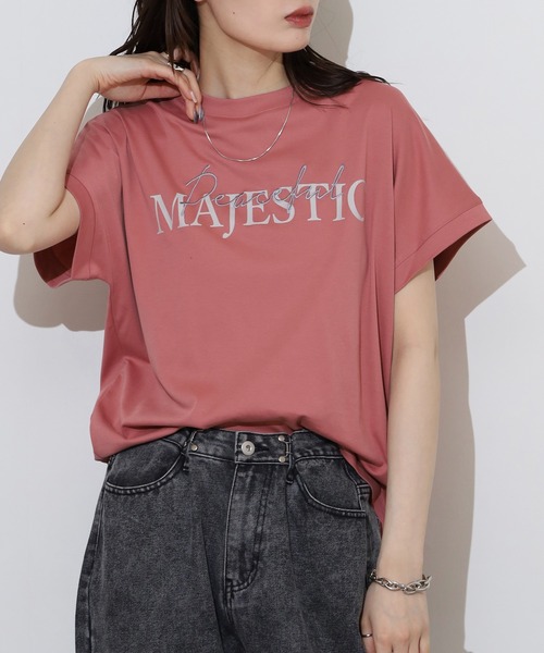 EGLANTINE(エグランティーヌ)の「EGLANTINE 刺繍×プリントロゴ半袖Tシャツ【日本製】(Tシャツ/カットソー・レディース・チャコールグレー/ダークグリーン/ローズ/レッド/グレイッシュベージュ・40)」の5枚目の写真