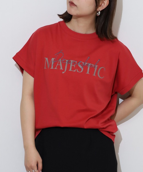 EGLANTINE(エグランティーヌ)の「EGLANTINE 刺繍×プリントロゴ半袖Tシャツ【日本製】(Tシャツ/カットソー・レディース・チャコールグレー/ダークグリーン/ローズ/レッド/グレイッシュベージュ・40)」の4枚目の写真