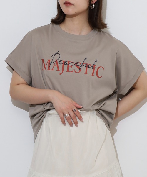 EGLANTINE(エグランティーヌ)の「EGLANTINE 刺繍×プリントロゴ半袖Tシャツ【日本製】(Tシャツ/カットソー・レディース・チャコールグレー/ダークグリーン/ローズ/レッド/グレイッシュベージュ・40)」の2枚目の写真