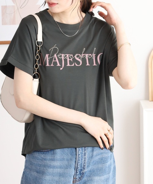 EGLANTINE(エグランティーヌ)の「EGLANTINE 刺繍×プリントロゴ半袖Tシャツ【日本製】(Tシャツ/カットソー・レディース・チャコールグレー/ダークグリーン/ローズ/レッド/グレイッシュベージュ・40)」の3枚目の写真