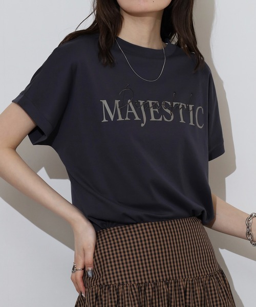 EGLANTINE(エグランティーヌ)の「EGLANTINE 刺繍×プリントロゴ半袖Tシャツ【日本製】(Tシャツ/カットソー・レディース・チャコールグレー/ダークグリーン/ローズ/レッド/グレイッシュベージュ・40)」の7枚目の写真