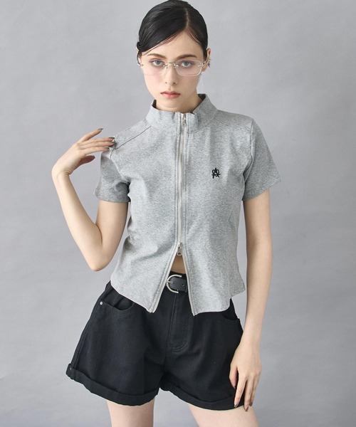 セール】ハート ロゴ モックネック ダブルZIP 半袖 トップス（Tシャツ