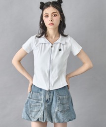 ハート ロゴ モックネック ダブルZIP 半袖 トップス