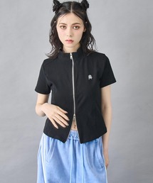 ハート ロゴ モックネック ダブルZIP 半袖 トップス