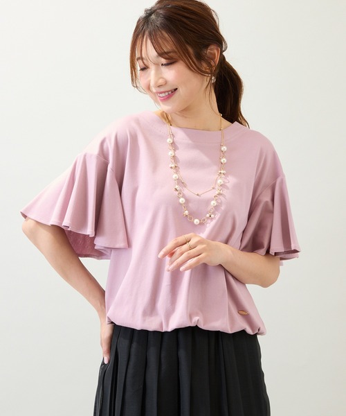 Rose Tiara(ローズティアラ)の「【接触冷感/綿100%/手洗いOK】フレアスリーブカットソー(Tシャツ/カットソー・レディース・ブラック/カーキ/ピンク・38/42/46)」の1枚目の写真