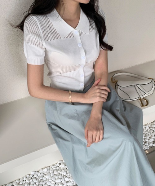 セール】メッシュポロトップス サマーニット 半袖 メッシュ