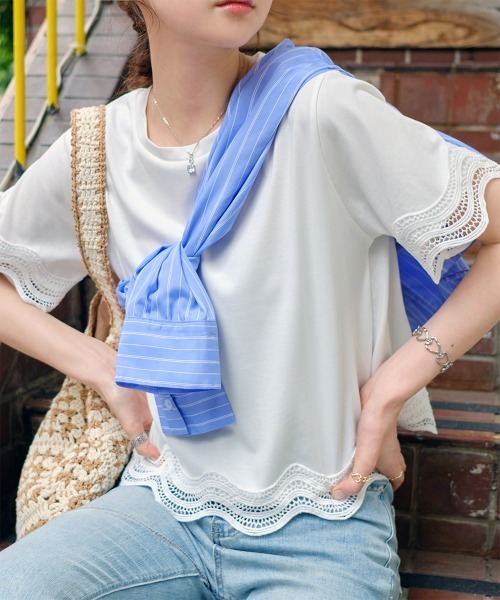 レースドッキングショート丈Tシャツ（Tシャツ/カットソー