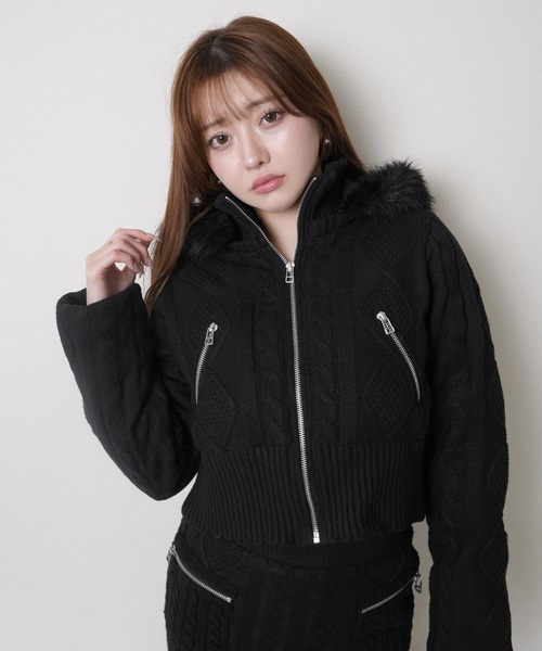 セール】ウォームケーブルニット中綿ジャケット（ダウンジャケット