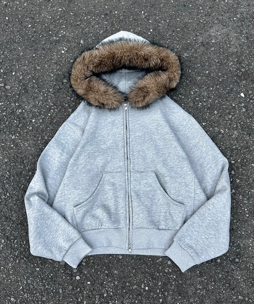 MandO（Auntie Rosa）（エムオー）の「ボリュームファージップパーカー/セットアップ着用可能（パーカー・メンズ・カーキ/ブラック/グレー・LARGE/MEDIUM/SMALL）」の5枚目の写真