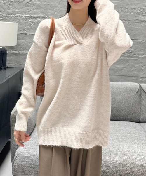 Eclat one（エクラワン）の「【Eclat one】ディープ Vネック ニット（ニット/セーター・レディース・ブラウン/レッド/ブラック/アイボリー・FREE）」の6枚目の写真