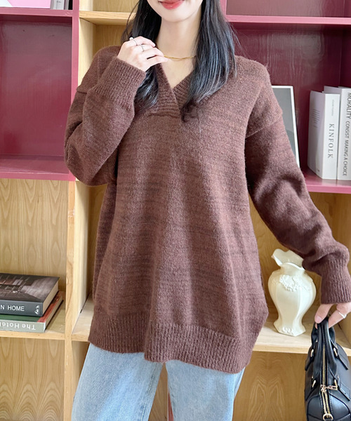 Eclat one（エクラワン）の「【Eclat one】ディープ Vネック ニット（ニット/セーター・レディース・ブラウン/レッド/ブラック/アイボリー・FREE）」の12枚目の写真