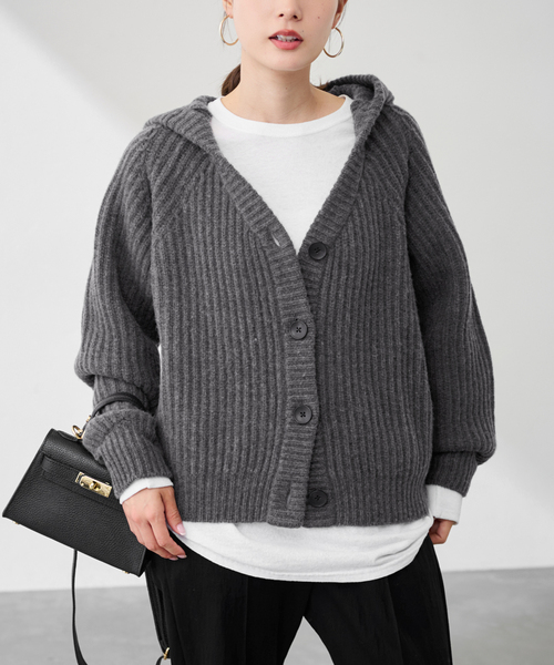 FRAMeWORK（フレームワーク）の「WOOLフードカーディガン（カーディガン/ボレロ・レディース・チャコールグレー/ホワイト・FREE）」の3枚目の写真