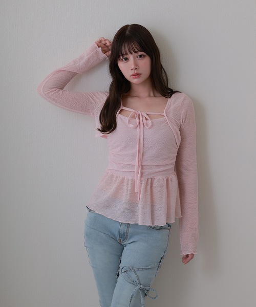 M DOLLY(エムドリー)の「sheer gioia ribbon peplum tops / シアージョイアリボンペプラムトップス(その他トップス・レディース・ブラック/ピンク・FREE)」の1枚目の写真