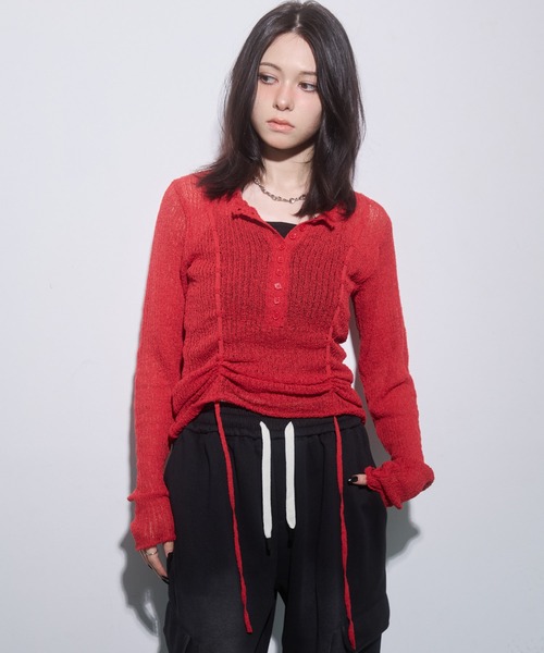 ENVYM（アンビー）の「ヘンリーネックドロストニット（ニット/セーター・レディース・レッド/ブラック/グレー・FREE）」の20枚目の写真