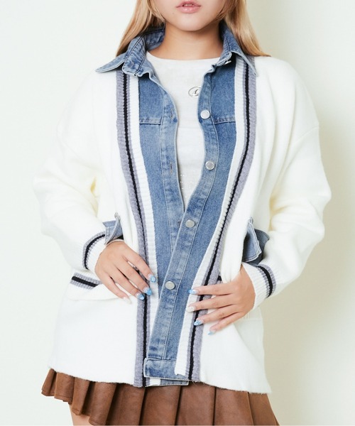 GORGE(ゴージ)の「《ライン切替×デニムコンビ》カジュアル ニットジャケット ブルゾン風アウター 秋冬(ニット/セーター・レディース・アイボリー/グレー/ブラック・F)」の1枚目の写真
