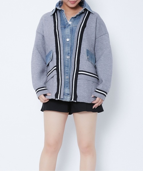 GORGE(ゴージ)の「《ライン切替×デニムコンビ》カジュアル ニットジャケット ブルゾン風アウター 秋冬(ニット/セーター・レディース・アイボリー/グレー/ブラック・F)」の5枚目の写真