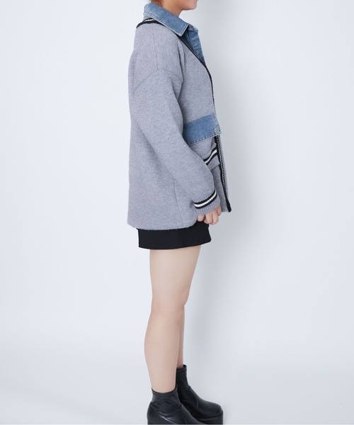GORGE(ゴージ)の「《ライン切替×デニムコンビ》カジュアル ニットジャケット ブルゾン風アウター 秋冬(ニット/セーター・レディース・アイボリー/グレー/ブラック・F)」の8枚目の写真