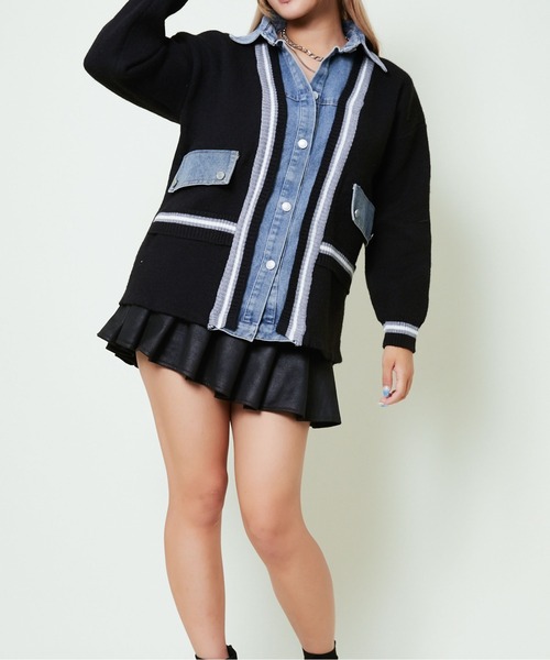 GORGE(ゴージ)の「《ライン切替×デニムコンビ》カジュアル ニットジャケット ブルゾン風アウター 秋冬(ニット/セーター・レディース・アイボリー/グレー/ブラック・F)」の16枚目の写真