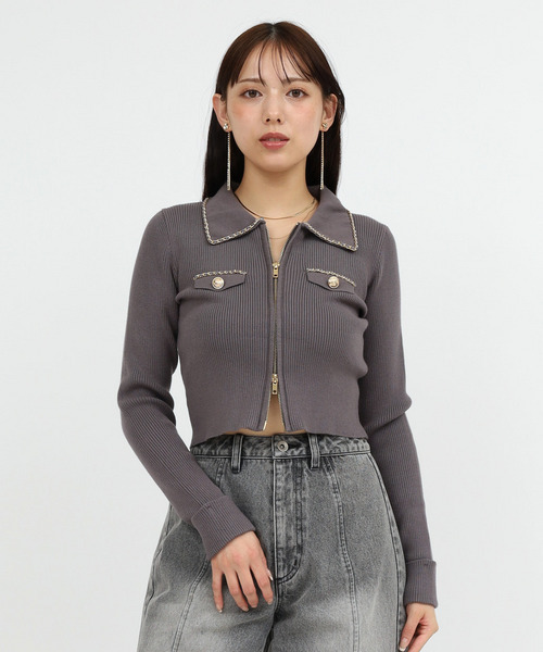 poyon2628　Cニット グレー セール】チェーントリミングダブルZIPタイトニットトップス（ニット