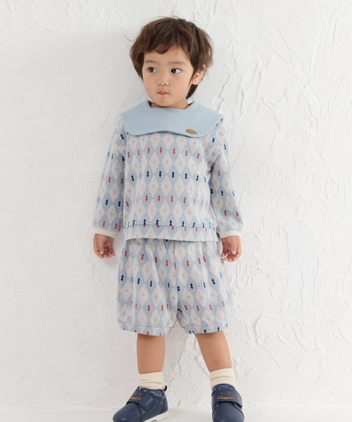 moimoln(モイモルン)の「【日本限定販売】【セットアップ】配色セーラーカラーダイヤ柄トップス&パンツ(セットアップ・キッズ・ライトブルー・80cm/90cm/100cm/110cm/120cm/130cm)」の14枚目の写真