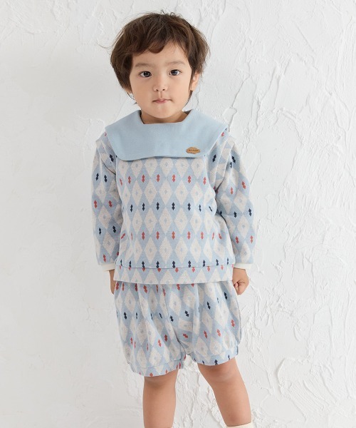 moimoln(モイモルン)の「【日本限定販売】【セットアップ】配色セーラーカラーダイヤ柄トップス&パンツ(セットアップ・キッズ・ライトブルー・80cm/90cm/100cm/110cm/120cm/130cm)」の11枚目の写真