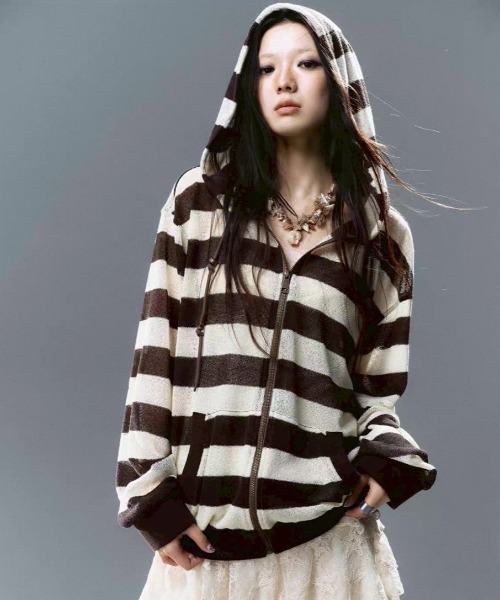 【Cest Nous】Striped Beaded Hoodie / 【セヌー】ボーダーシースルージップパーカー