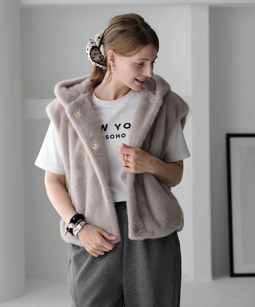 ZAKKA-BOX エコファー フード付きベスト ライトグレー ZAKKA-BOX