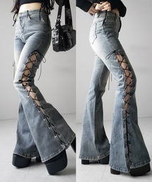 me+em select(ミームセレクト)の【 2color / 3size 】レースアップカットアウトストレッチフレアデニム / lace up cutout stretch flare denim(デニムパンツ)
