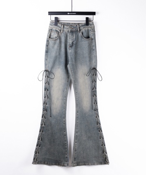 me+em select(ミームセレクト)の「【 新サイズ追加4size/2color 】レースアップカットアウトストレッチフレアデニム / lace up cutout stretch flare denim(デニムパンツ・レディース・ブラック/ブルー・SMALL/LARGE/MEDIUM/X-SMALL)」の6枚目の写真